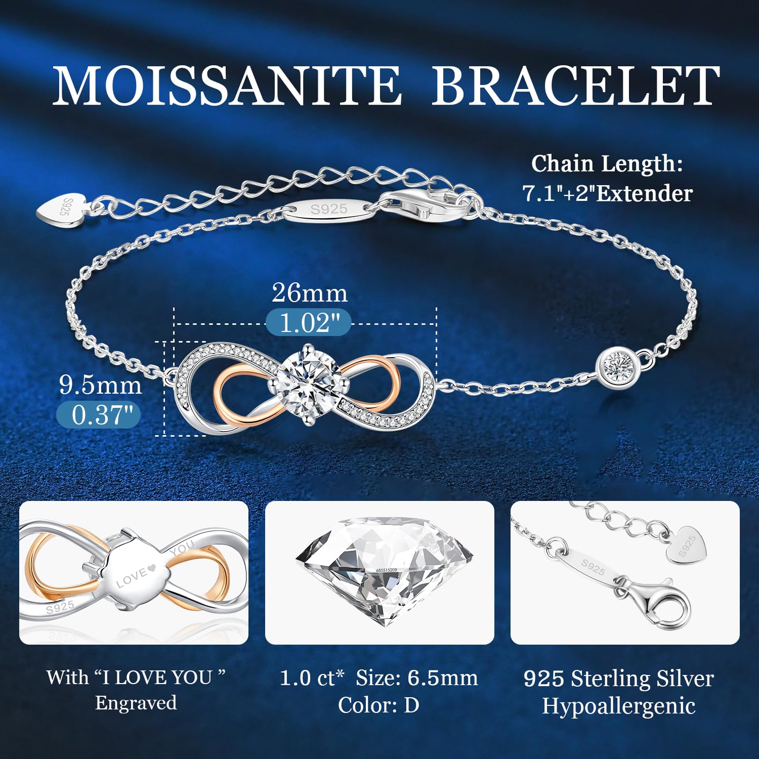 Seelove Infinity Moissanite Bracelet for Women - 925 Sterling Silver Heart Charm Jewelry, Elegant Gift for Wife, Mom, Girlfriend | Perfect for Anniversary, Birthday, Valentine's Day & Everyday Wear