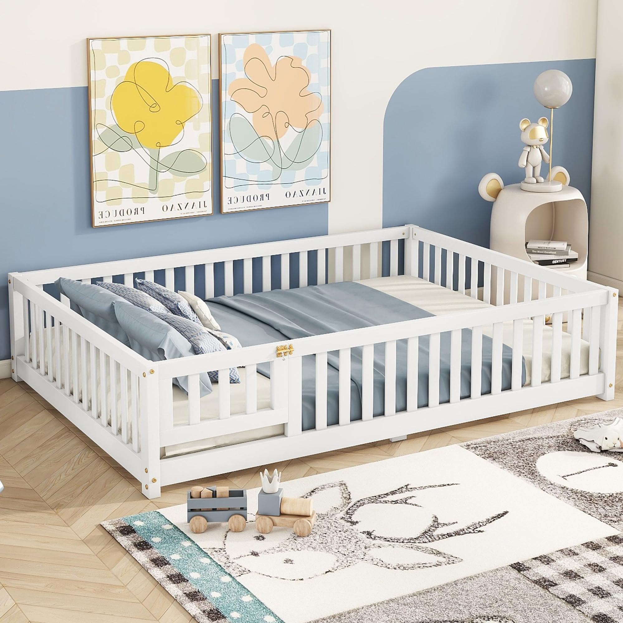 Montessori Full Size Floor Bed with Slats & Center Support Bar - Toddler Safe Bed with Fence & Door for Kids Room, Playroom or Nursery - Sturdy Wooden Low Bed for Daytime Naps & Nighttime Sleep