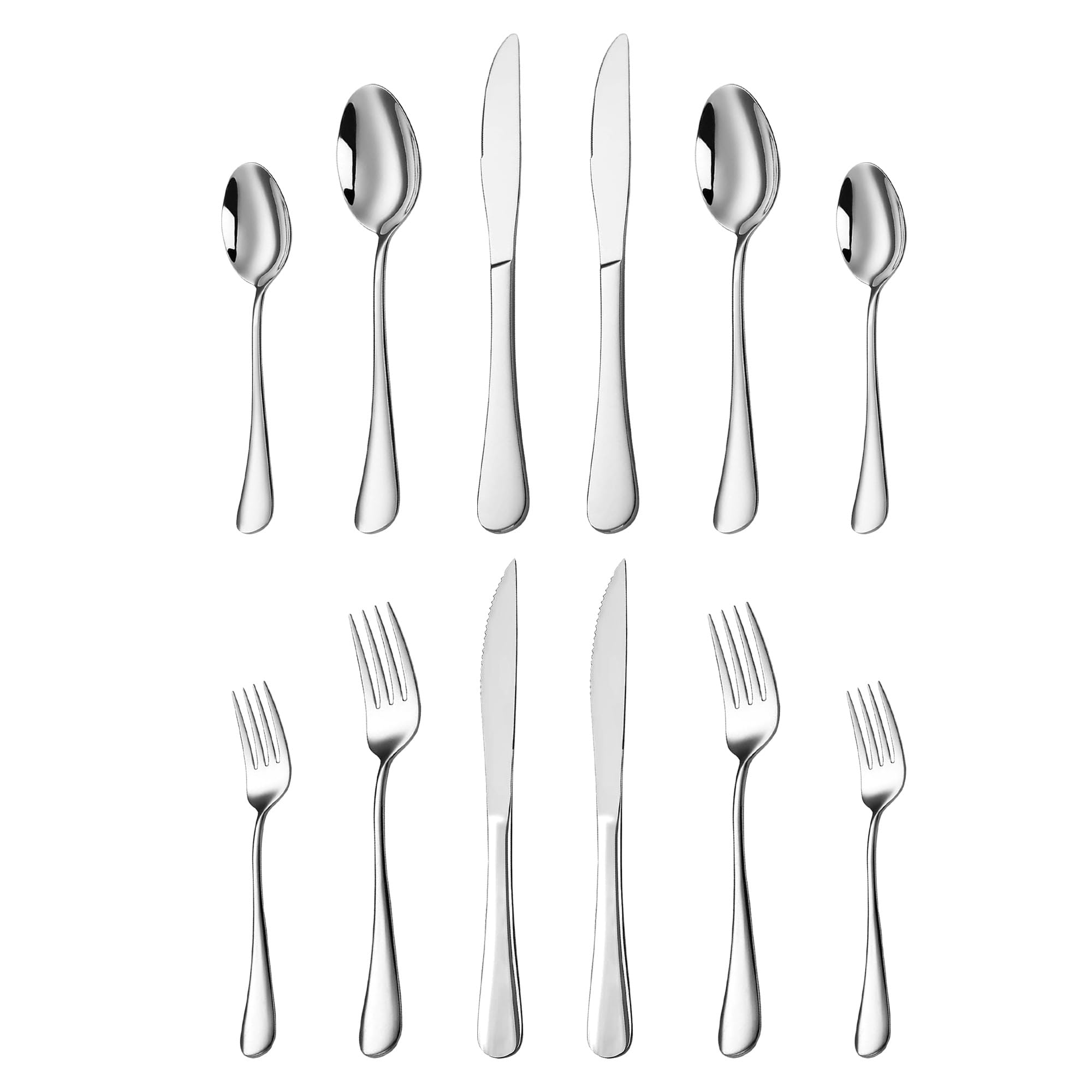 12-Piece Stainless Steel Silverware Set for 2 - Mirror Polished Flatware Set with Steak Knives, Forks & Spoons - Dishwasher Safe Kitchen Cutlery for Dining, Parties & Everyday Use