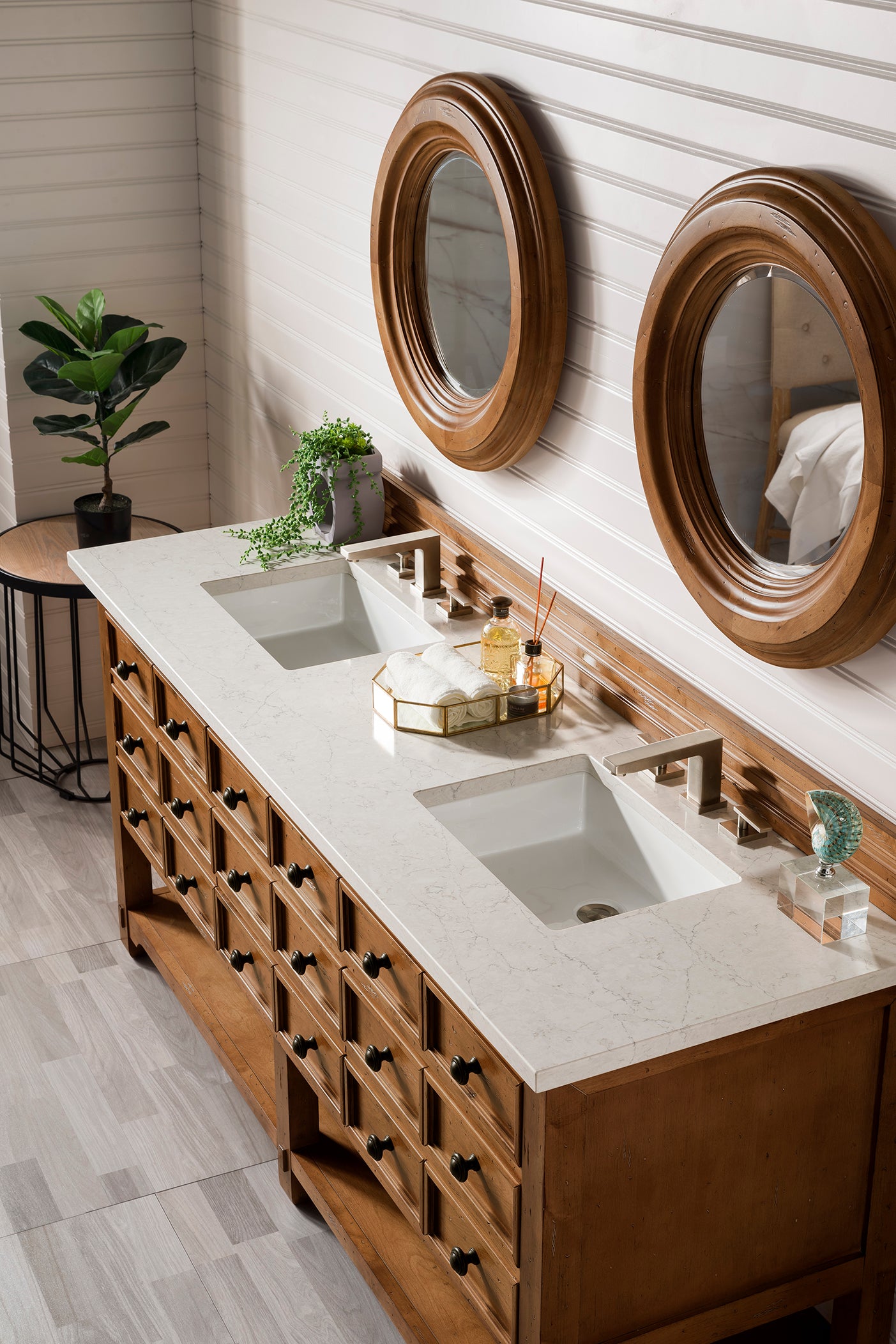 Malibu 72 Inch Double Bathroom Vanity with Honey Alder Wood & 3CM Eternal Jasmine Pearl Quartz Top - Perfect for Master Bathroom or Guest Bath Remodel