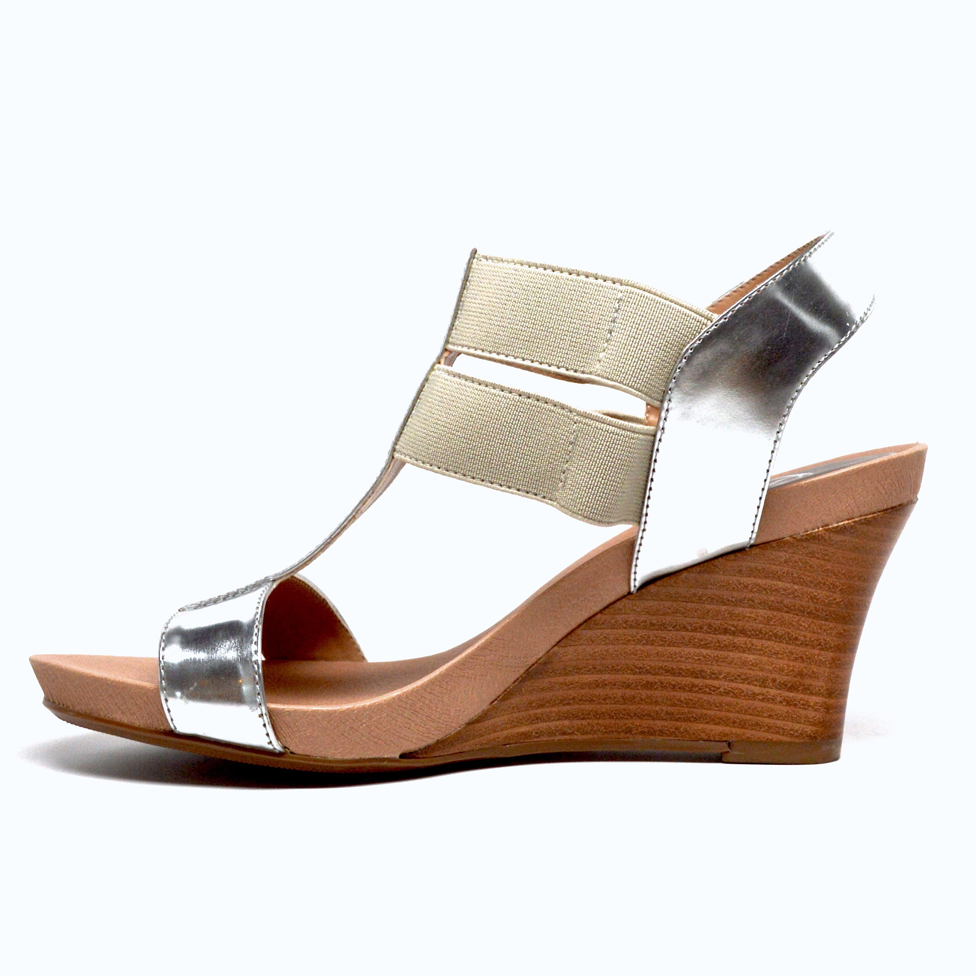 Stretch Wedge Heel Sandals in Silver & Tan Leather - Comfortable & Stylish Shoes for Women | Perfect for Casual Outings, Parties & Summer Wear