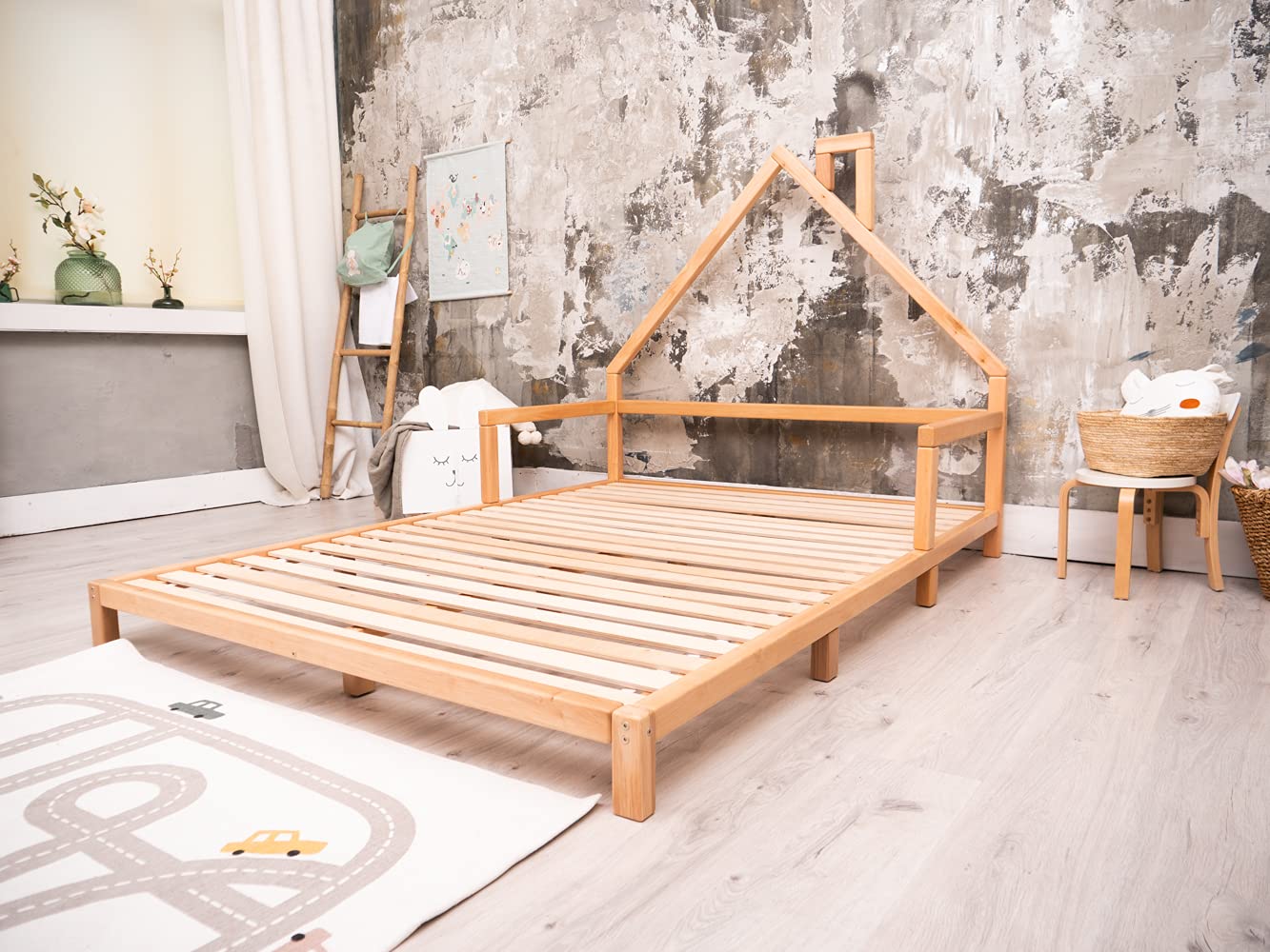 Montessori Toddler Bed - Twin/Full/Queen Size Floor Bed with Safety Rails - Solid Wood House Bed Frame for Kids - Safe & Stylish Toddler Bedroom Furniture (Model 3) - Perfect for Montessori Rooms, Daycare Centers & Cozy Kids' Bedrooms