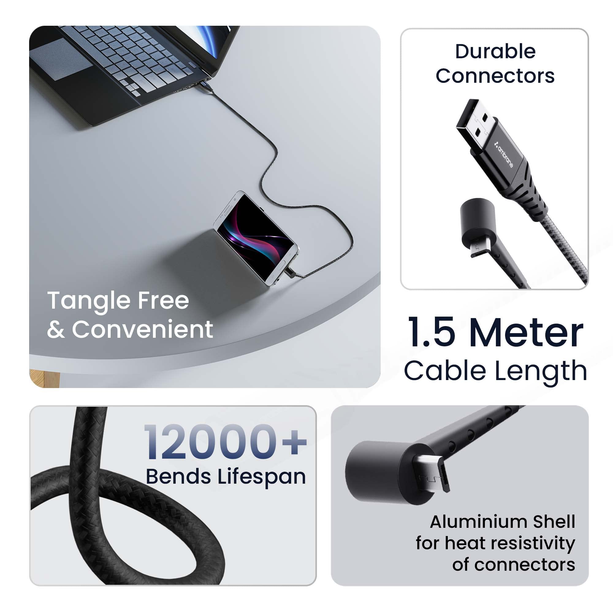 Ambrane Micro USB Cable 3A Fast Charging & 480Mbps Data Transfer, 1.5m Braided Nylon Standing Cable for Mobile Phones - Perfect for Charging While Watching Videos/Gaming (Black)