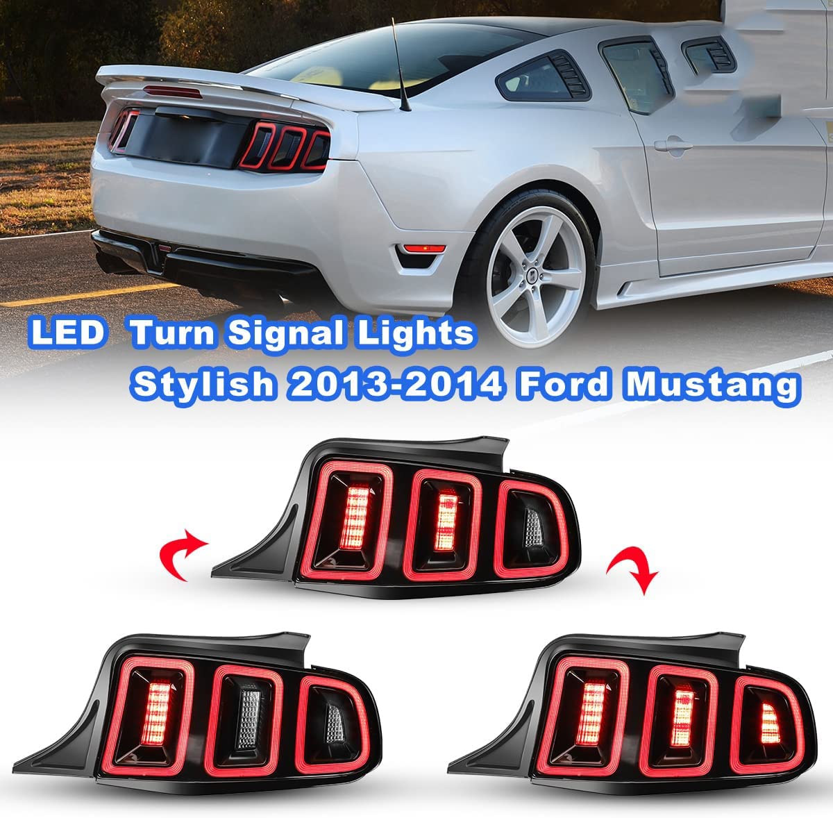 2010-2014 Ford Mustang LED Tail Lights Assembly - Glossy Black/Clear Lens with Amber Sequential Turn Signals, DRL & Reverse Lights | Perfect for Night Driving & Car Customization