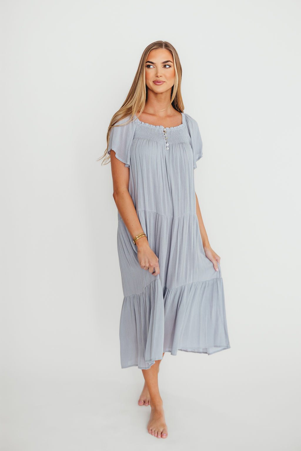Eloise Flutter Sleeve Midi Dress in Slate - Elegant Women's Casual Dress for Summer, Parties & Date Nights