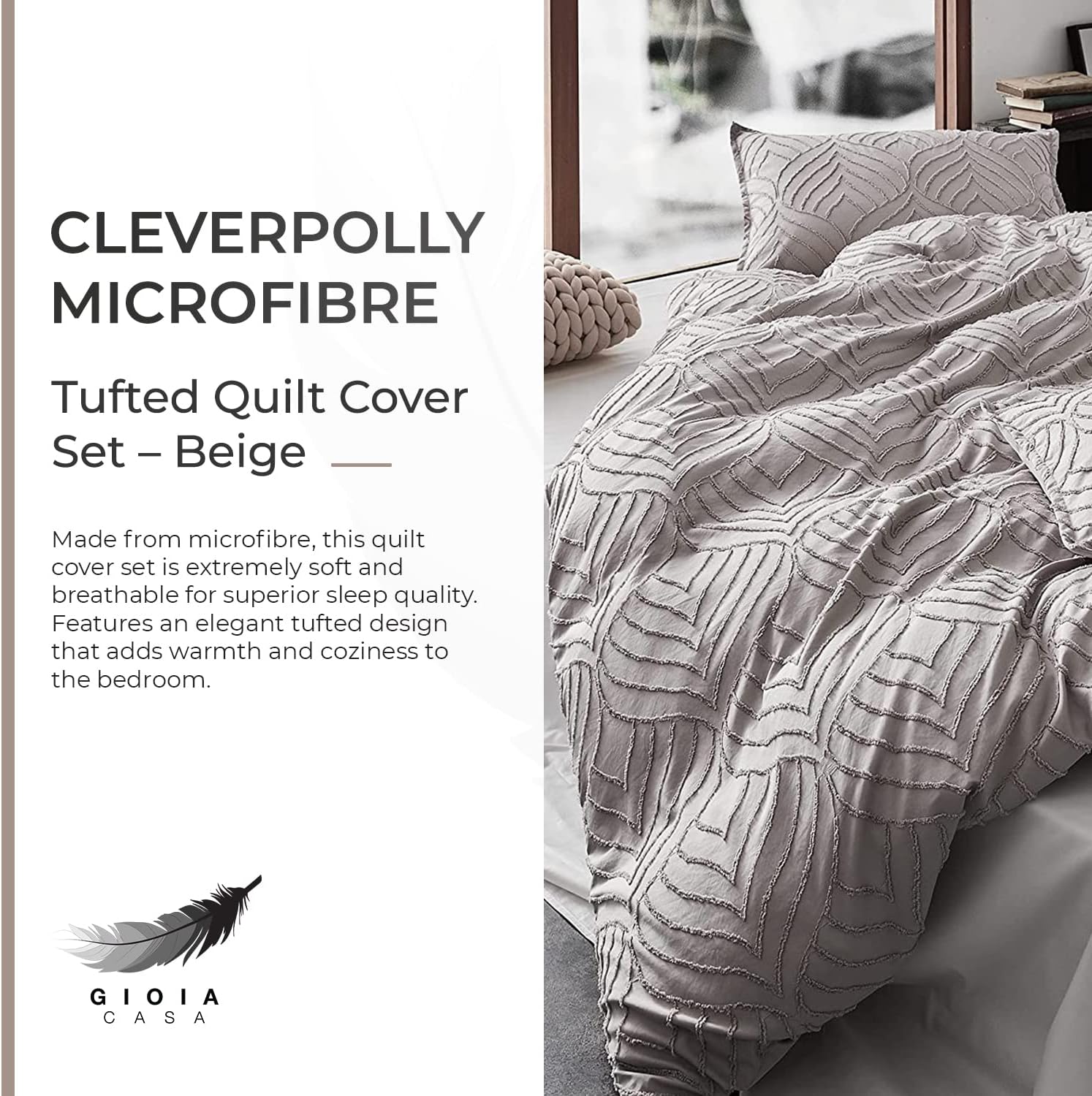 Premium 100% Brushed Microfiber Tufted Quilt Cover Set (3Pcs) - King Size Beige - Soft & Breathable Bedding for Luxury Hotel-Style Comfort