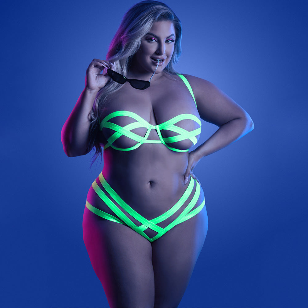 Fantasy Lingerie Glow Mirage Bandage Strappy Bra & Panty Set for Curvy Women - Sexy Lace Underwear for Date Night & Special Occasions