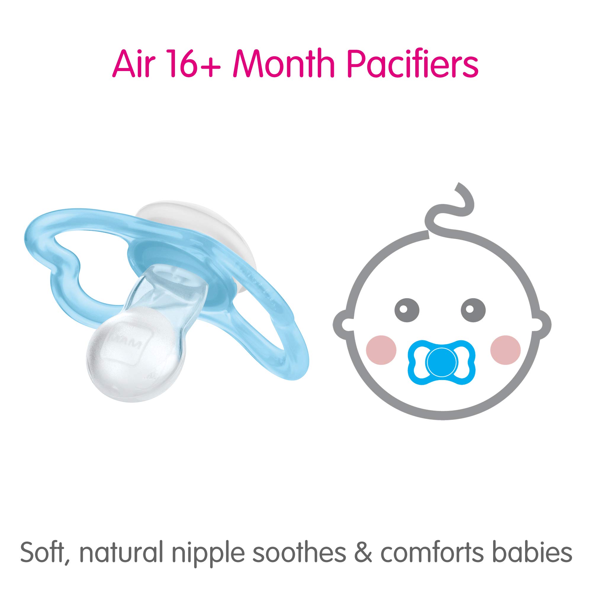 MAM Air Baby Pacifier for Sensitive Skin - BPA Free, 2-Pack with Sterilizer Case - Orthodontic Nipple for 16+ Months Boys - Perfect for Daycare, Travel & Soothing Fussy Babies