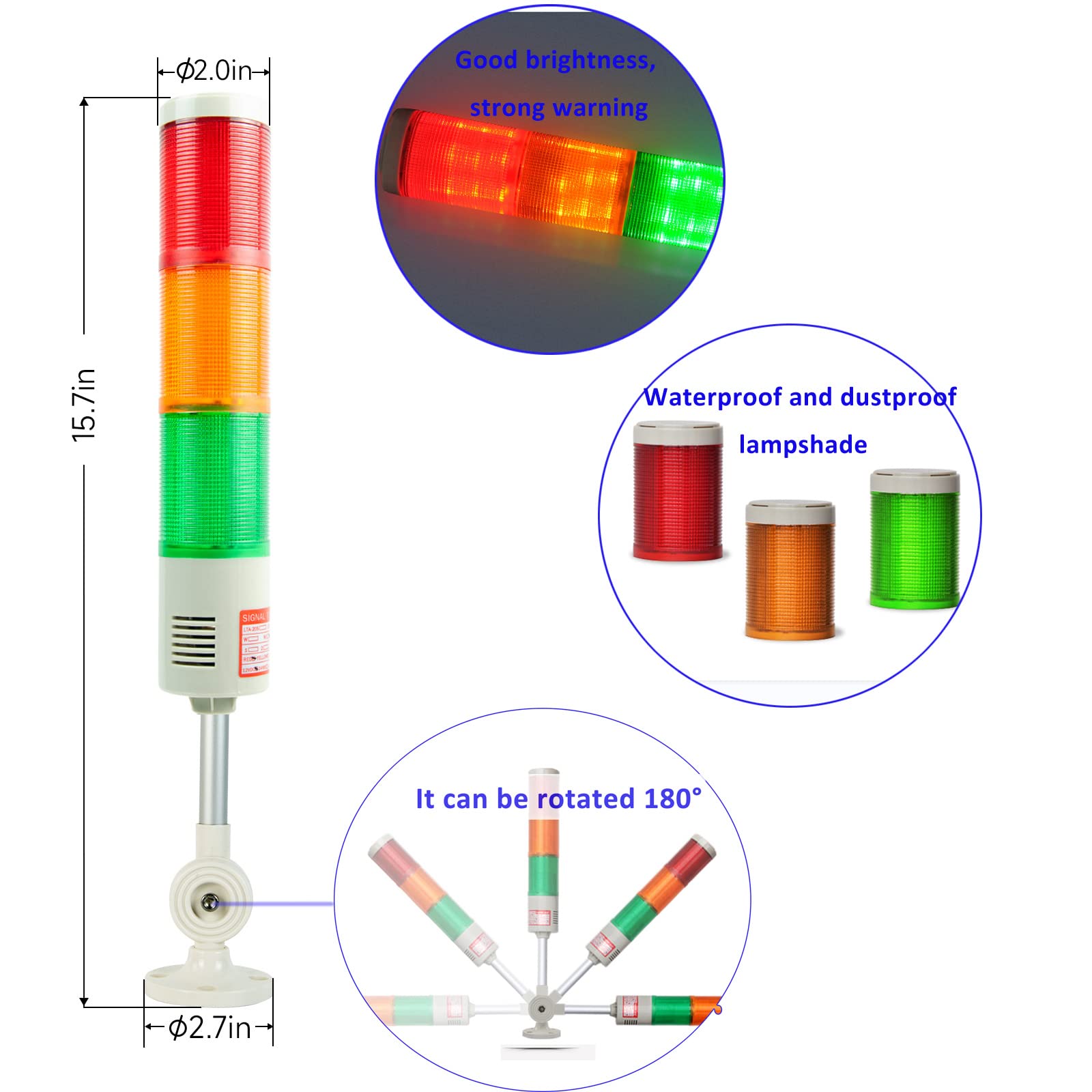 YASONG LTA-205W Industrial Warning Tower Light - 24V DC Strobe Stack Light with Red/Yellow/Green Flashing for Machine Safety (No Sound) - Perfect for Factory Equipment, Warehouse Safety, and Production Line Visual Alarms