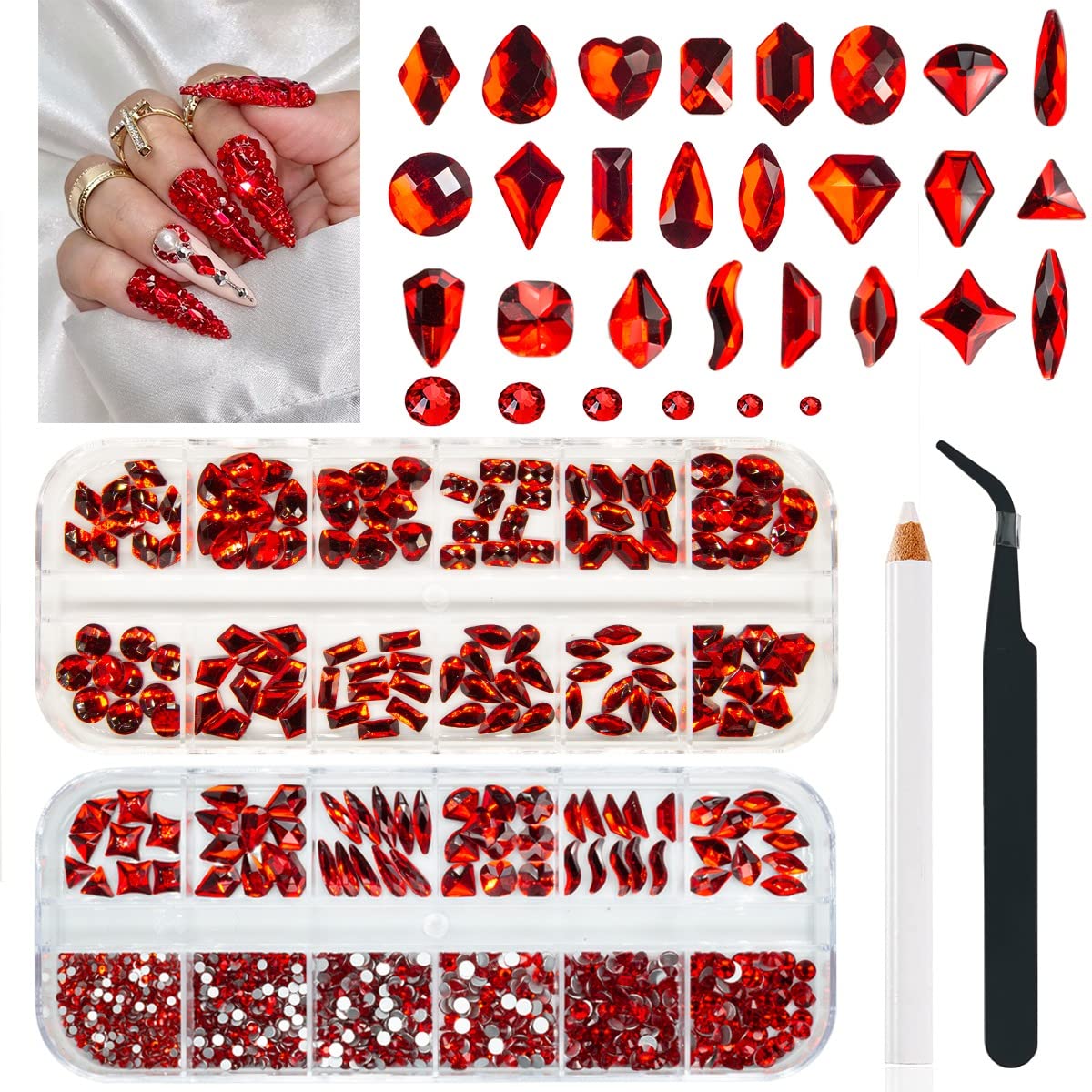 24 Styles Multi-Shape Ruby Red Rhinestones - Big Gems Nail Charms, Siam Round Beads, K9 Glass Stones for Nail Art, Face & Eye Makeup, DIY Crafts - Perfect for Bridal, Party & Festival Decorations