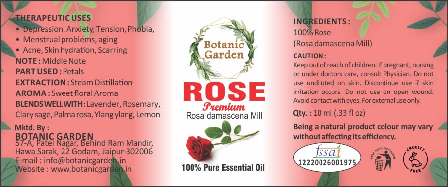 Premium Botanic Garden Rose Essential Oil (Rosa Damascena Mill) - 100% Natural & Pure for Radiant Skin - 10ml - Perfect for Aromatherapy, Massage & Skincare Routine