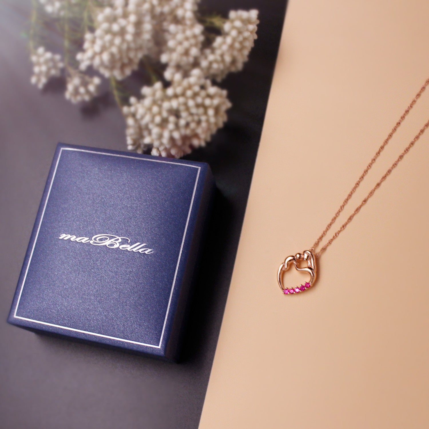 Sterling Silver Rose Gold Plated Simulated Ruby Heart Mother & Child Pendant Necklace - Elegant Jewelry Gift for Women, Mom on Mother's Day, Birthday, Anniversary | Perfect for Special Occasions & Everyday Wear