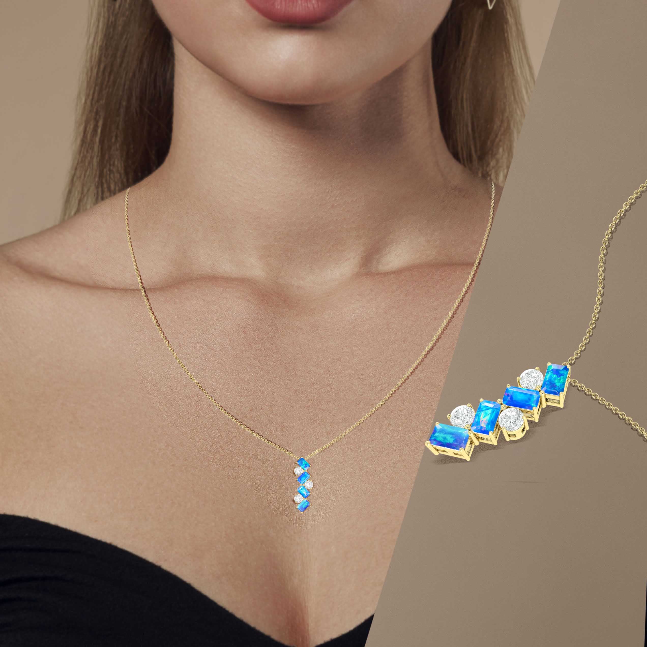 Blue Baguette Opal Gemstone Charm Pendant Necklace - Elegant Dainty Jewelry for Women, Perfect for Everyday Wear & Special Occasions