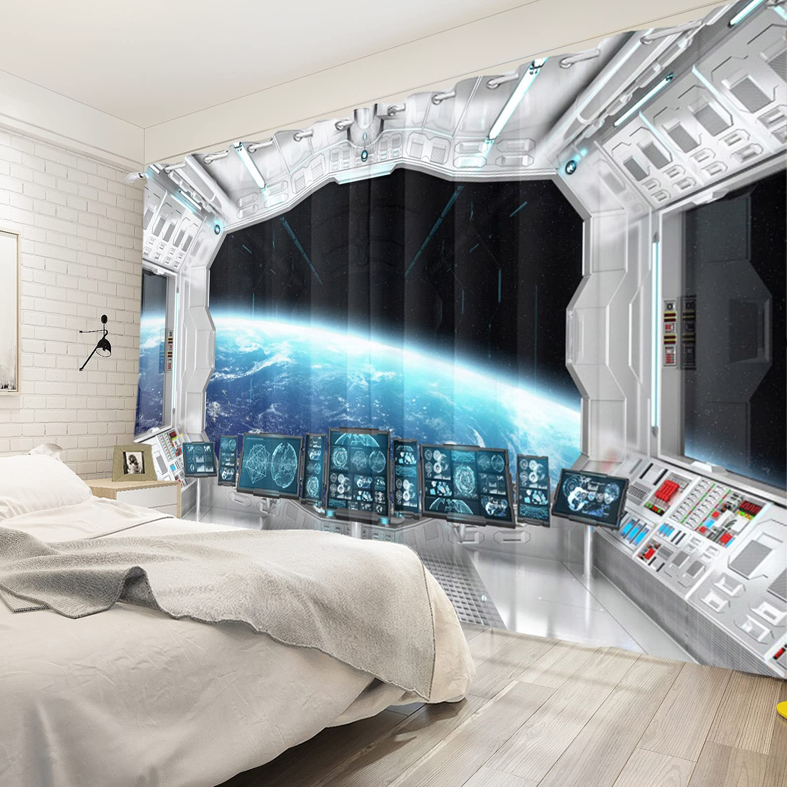 Futuristic Spacecraft Kitchen Curtains with Planet Window View - Blackout Science Fiction Space Station Drapes for Bedroom & Living Room, 53x72 Inch, 2 Panels - Perfect for Sci-Fi Themed Decor & Home Theater Rooms