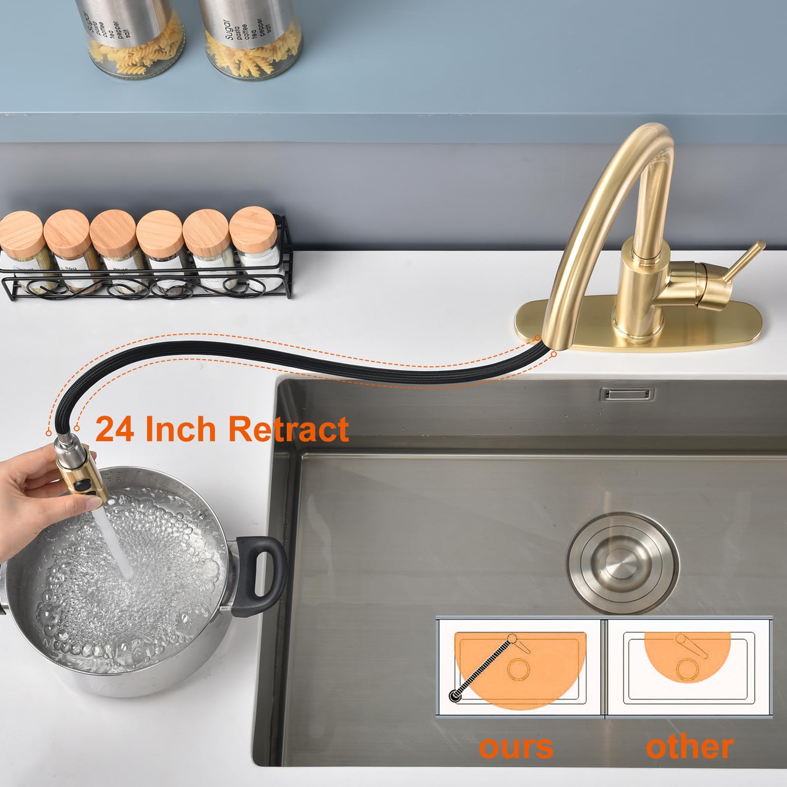 RULIA Brushed Brass Pull-Down Kitchen Faucet with Metal Spray Head - Modern Bar & Sink Faucet for Home Kitchen (Model RB1068) | Perfect for Cooking, Washing Dishes & Food Prep