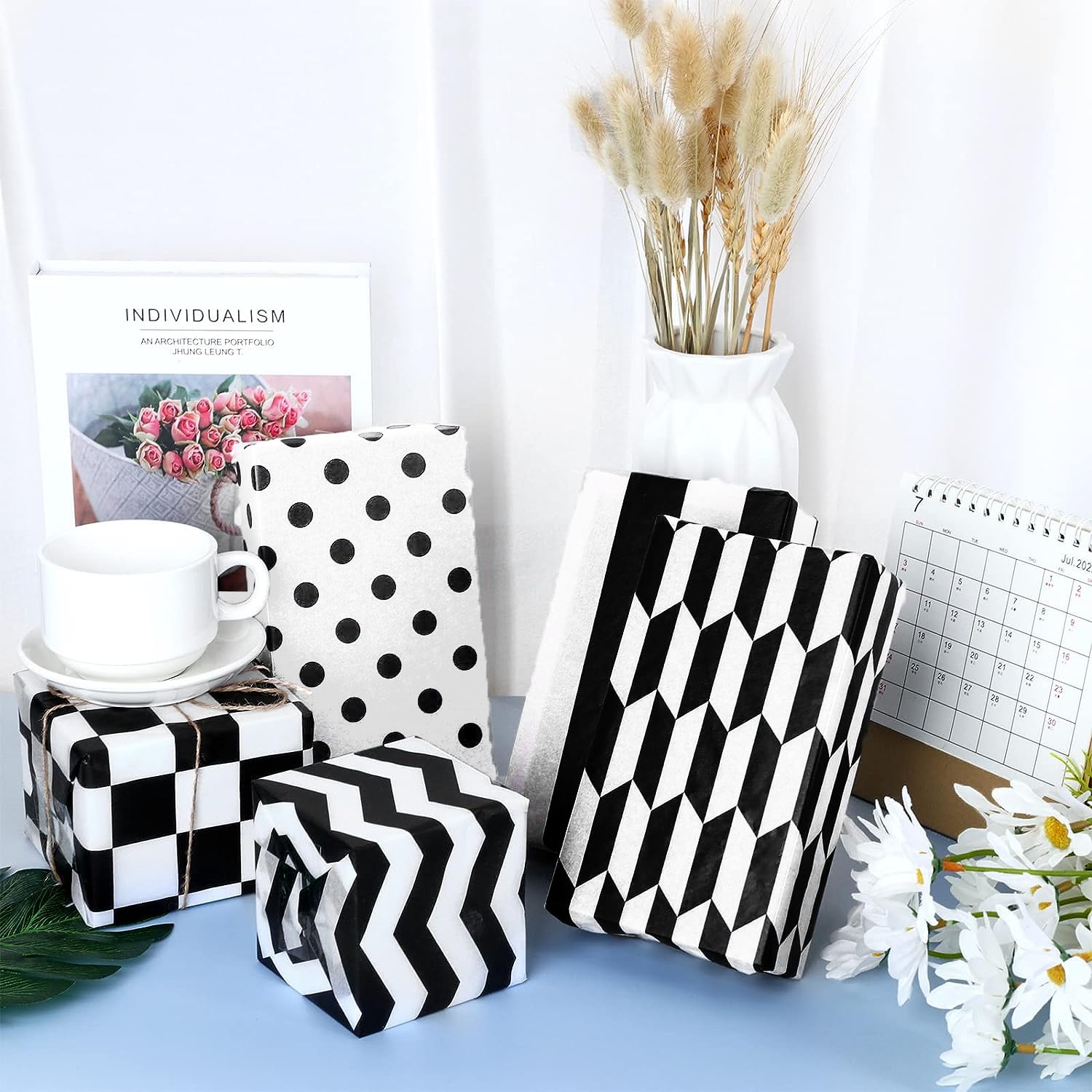 100-Sheet Black & White Plaid Tissue Paper - Star, Stripes, Dots, Checkerboard Patterns (5 Styles) - 14