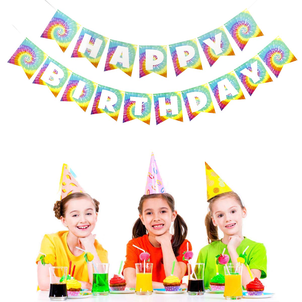 Vibrant Tie Dye Happy Birthday Banner - Rainbow Pennant for 60s 70s Hippie Theme Parties, Baby Showers & Birthday Decorations | Perfect for Tie Dye Themed Celebrations, Boho Room Decor & Retro Party Backdrops