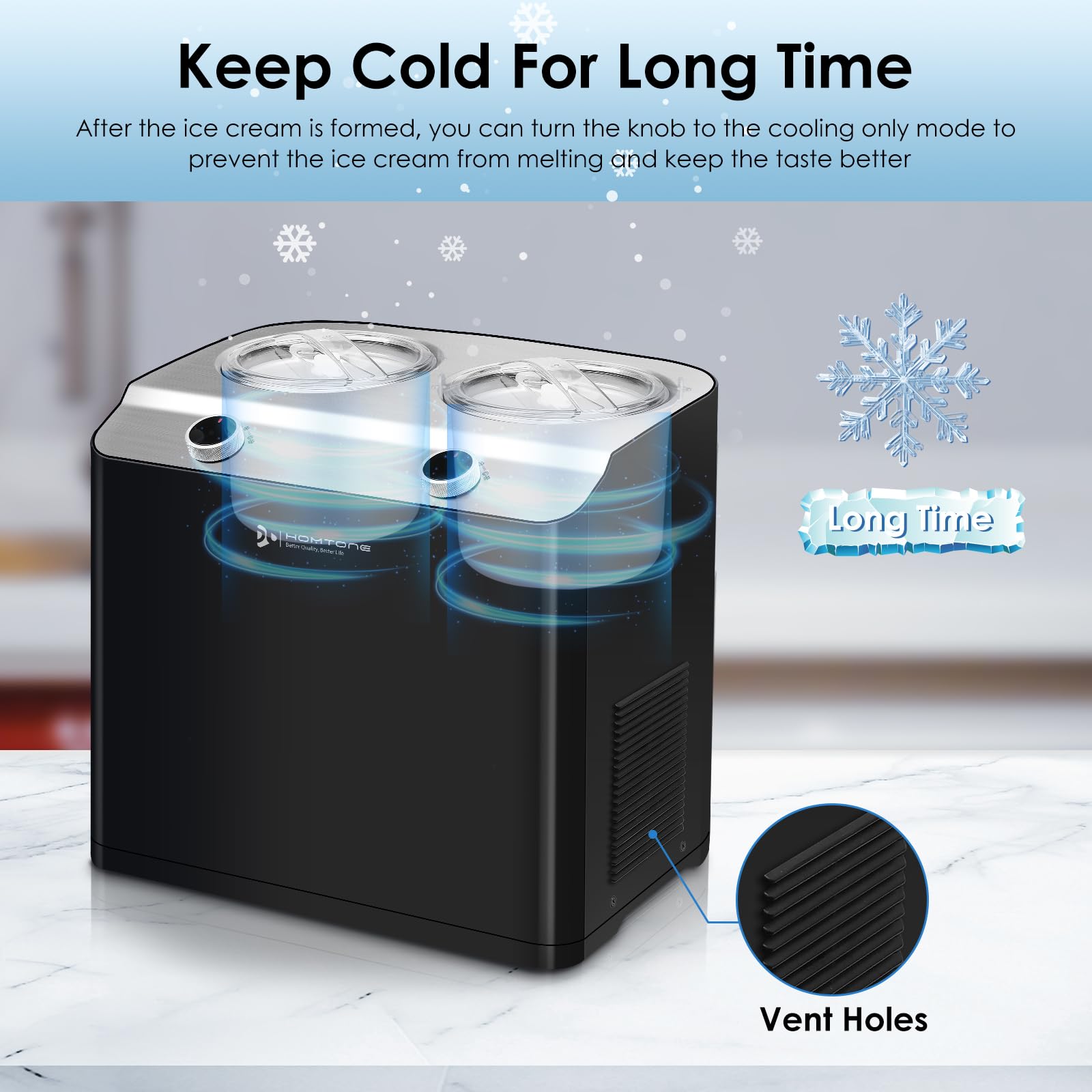 Homtone 2 Flavor Electric Ice Cream Maker with Compressor - 2.6QT (2 x 1.3QT) No Pre-Freezing Gelato & Sorbet Machine, 3 Modes & Keep Cool Function - Perfect for Home Parties, Summer Treats & Dessert Making