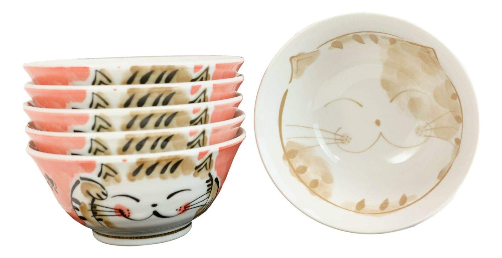Japanese Pink Lucky Cat Maneki Neko Ceramic Bowl Set - 6 Piece 16oz Soup, Rice & Cereal Bowls - Cute Home Kitchen Decor for Asian Dining, Gift Giving & Good Fortune