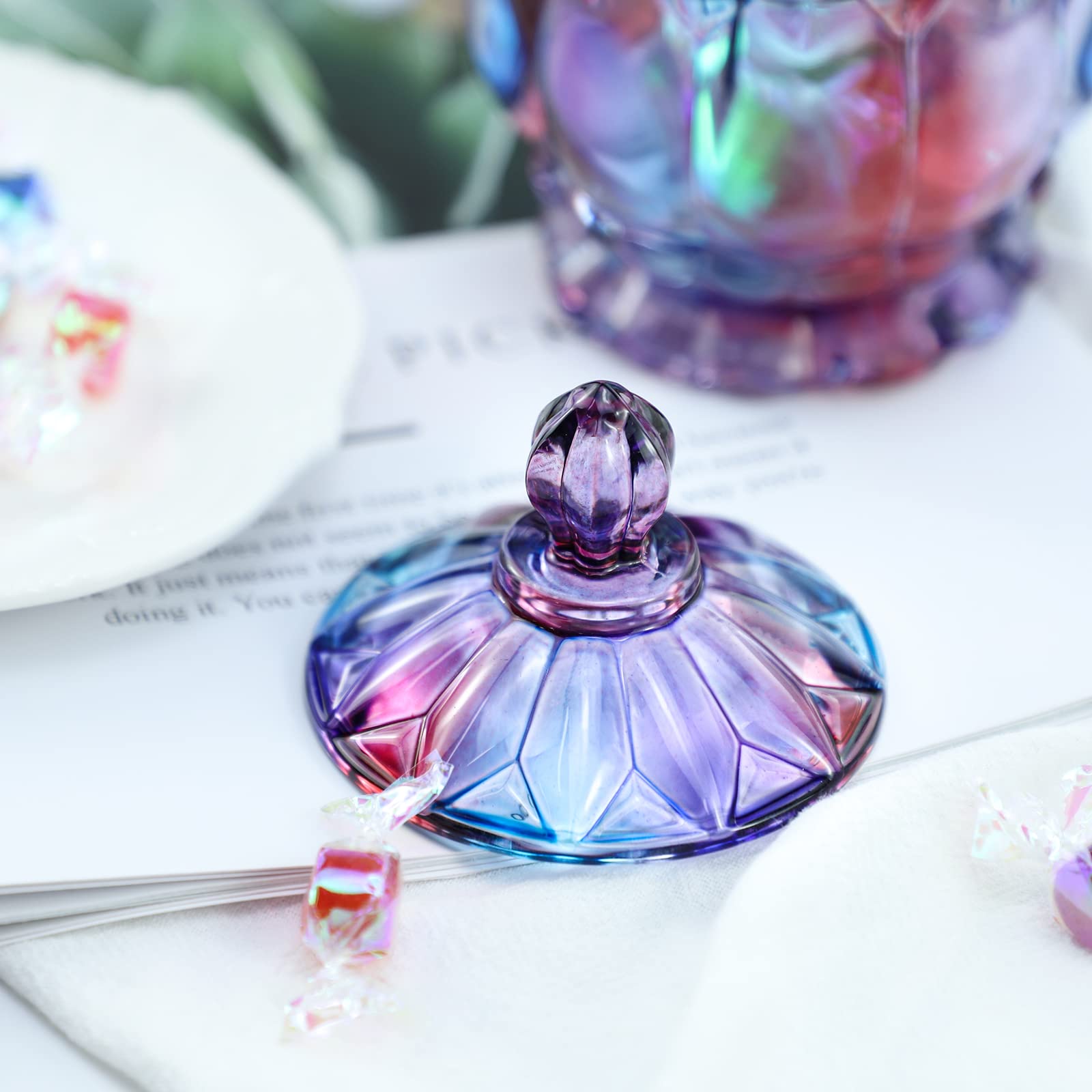 Royal Embossed Clear Glass Apothecary Jar with Lid - 7oz Wedding Candy Buffet Container, Crystal Jewelry Storage Box, Food Storage Jar (Flower Purple) - Perfect for Party Decor, Candy Display, Bathroom Organizer & Home Decor