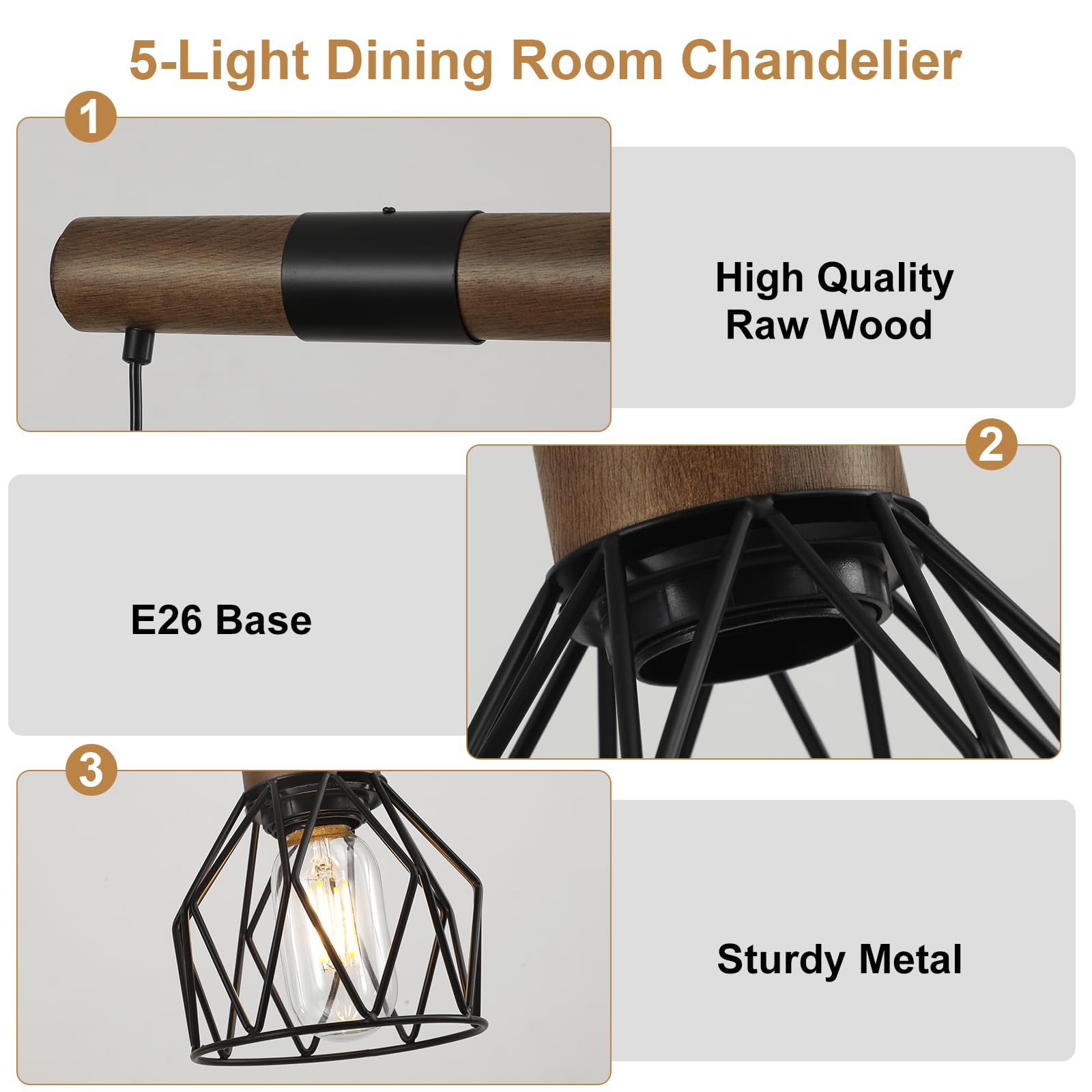 5-Light Kitchen Island Lighting Fixture - Farmhouse Linear Chandelier for Dining Room - Matte Black Rustic Wood Ceiling Pendant with Metal Lampshade - Perfect for Kitchen Islands, Dining Tables, and Farmhouse-Style Decor