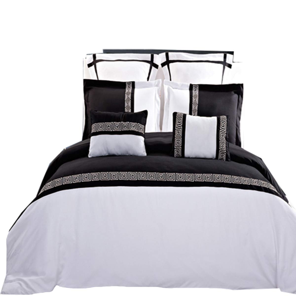 12-Piece Embroidered Microfiber Queen Size Bed in a Bag Set - Black & White Astrid Duvet Cover, 100% Cotton 300TC Sheets, Down Alternative Comforter - Luxury Bedding for Master Bedroom, Guest Room & Dorm