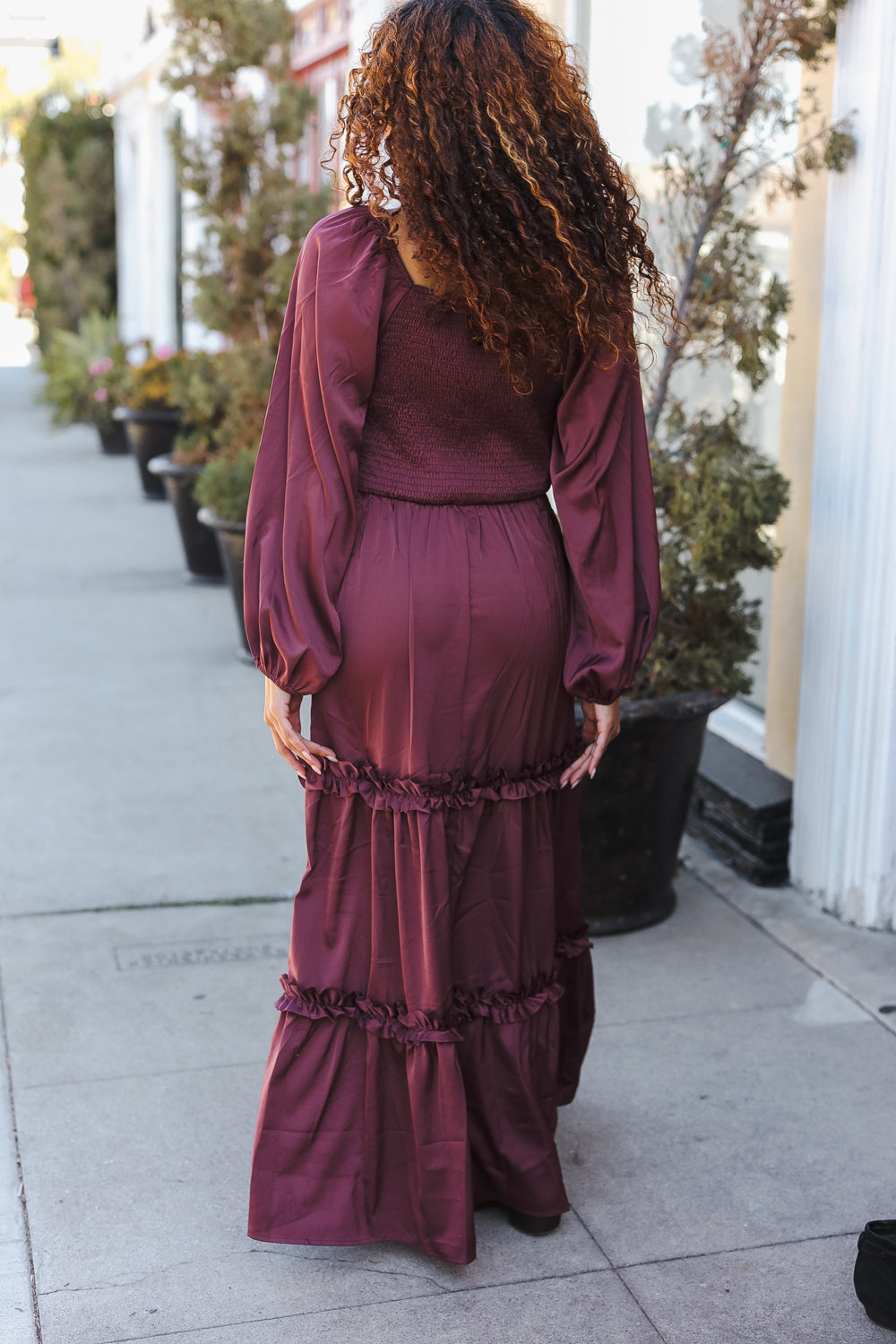 Holiday Vibes Wine Satin Front Overlap Smocked Back Maxi Dress for Women - Elegant Party Gown for Christmas, New Year & Special Occasions