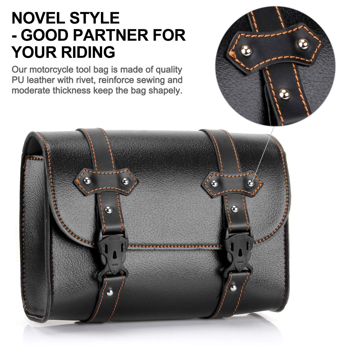Universal PU Leather Motorcycle Tool Bag - Waterproof Fork Bag & Sissy Bar Storage for Honda, Kawasaki, Suzuki, Yamaha, Sportster - Large Black Handlebar Saddlebag for Road Trips & Daily Commuting