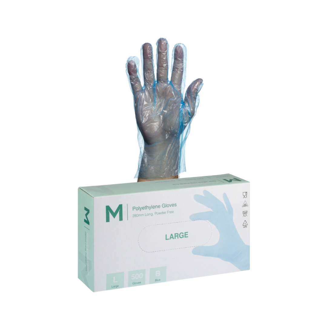 Polyethylene Gloves - Blue, Large & XL, 240mm Cuff, 1.0g Thickness - 5000 Gloves per Box - Ideal for Food Handling, Cleaning & Medical Use