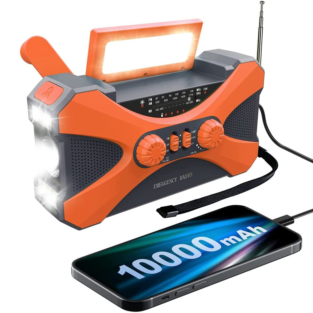 Malloy 10000mAh Solar Hand Crank Emergency Radio - Portable NOAA Weather Radio with USB Phone Charger, LED Flashlight & SOS Alarm (Orange) - Perfect for Camping, Hiking & Power Outages