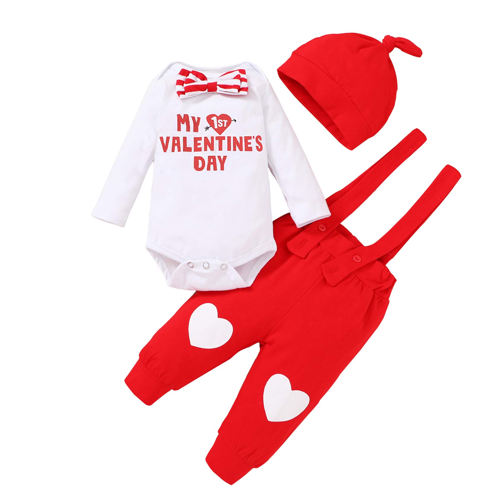 YOUNGER TREE 3-Piece Newborn Baby Boy Outfit Set - 1st Valentine's Day Romper with Bow Tie, Overalls Suspender Pants & Matching Hat | Perfect for Valentine's Photos, Special Occasions & Holiday Gifts