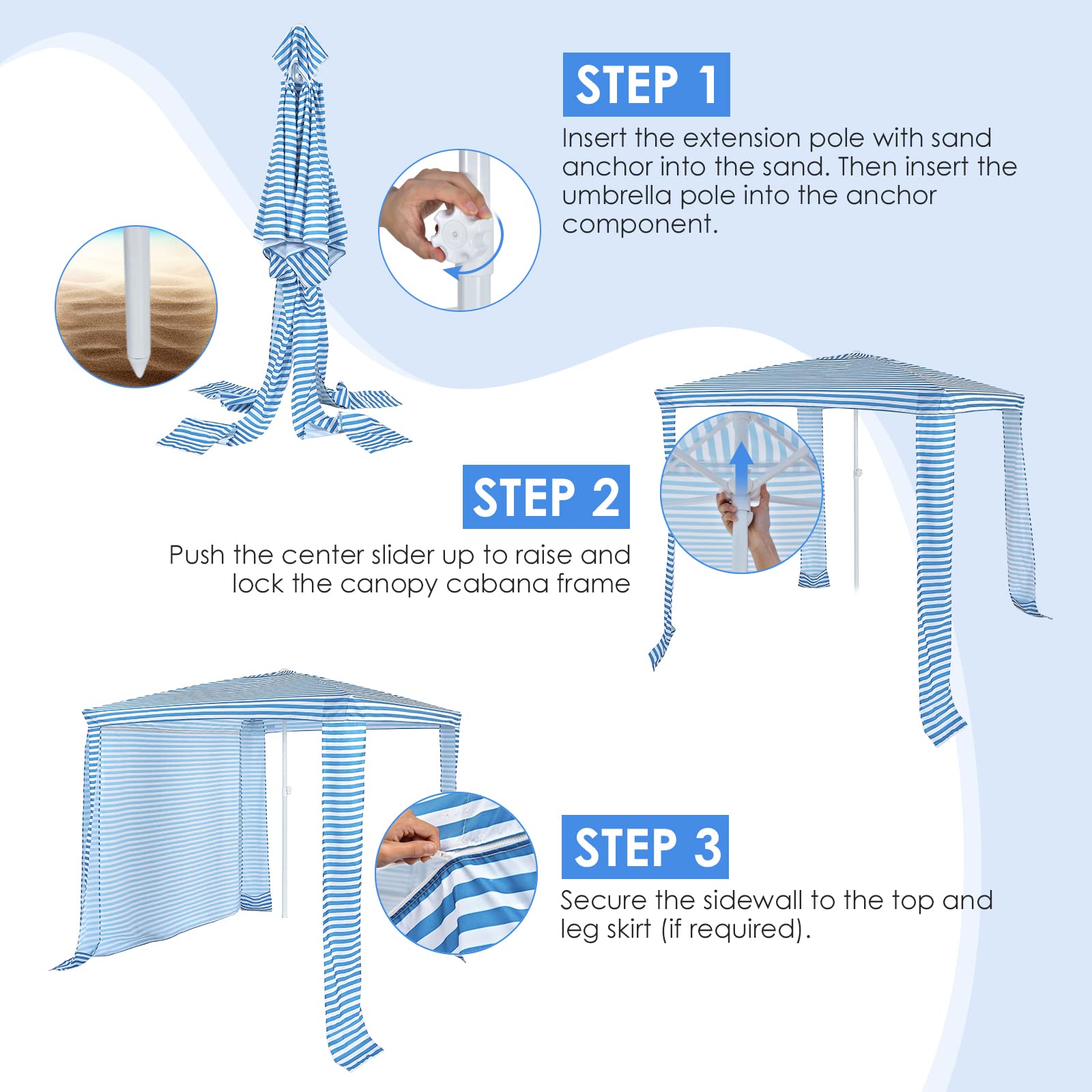 6.7’ x 6.8’ Portable Beach Cabana Tent - Easy Setup Sun Shelter with Adjustable Height, Detachable Sidewall, Carry Bag & 4 Sandbags (NP10352BL) - Perfect for Beach, Poolside, Camping & Outdoor Family Gatherings