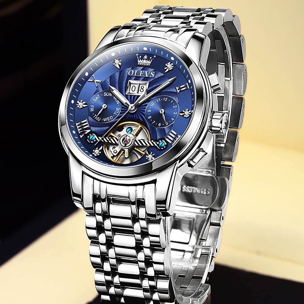 OLEVS Men's Automatic Skeleton Watch - Self Winding Mechanical Watch with Luminous Hands, Waterproof, Diamond Accents, Day/Date Display - Perfect for Business, Dress & Formal Occasions