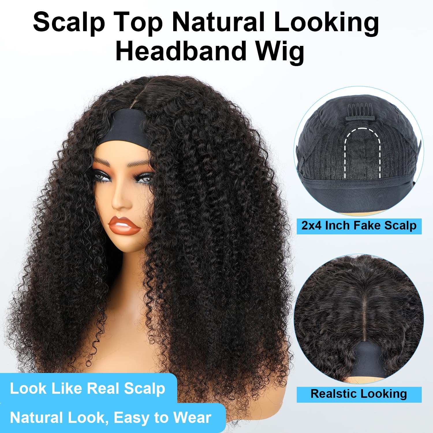 BLY 180% Density 10A Grade Mongolian Afro Kinky Curly Human Hair Wig - Natural Scalp Top, Middle Part, Glueless Headband Wig for Women (26 Inch) - Perfect for Protective Styling, Cosplay & Everyday Fashion