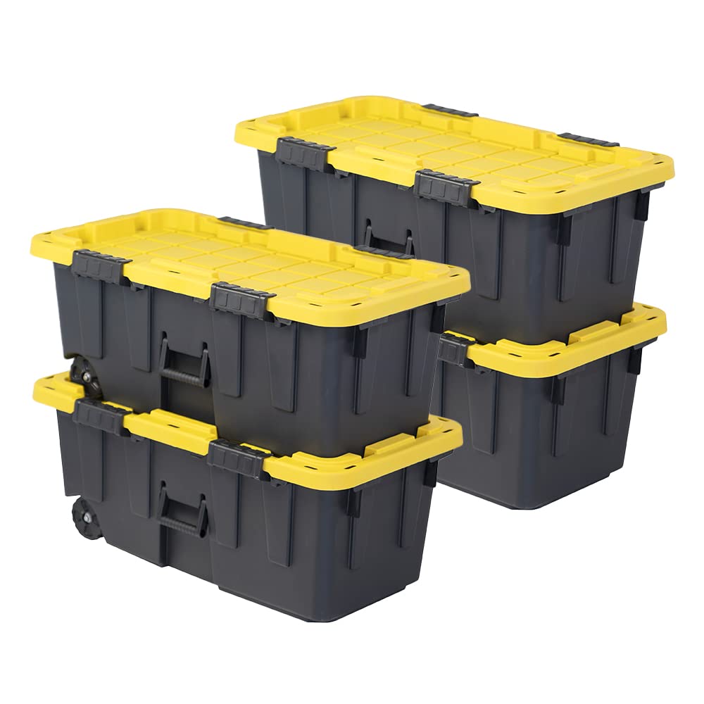 CX BLACK & YELLOW® 20-Gallon Heavy Duty Storage Footlocker with Snap-Tight Lid - 13.4”H x 18.2”W x 32.3”D Weatherproof Stackable Tote Bin - Ideal for Garage Organization, Camping Gear Storage & Military Footlocker Use [4-Pack]
