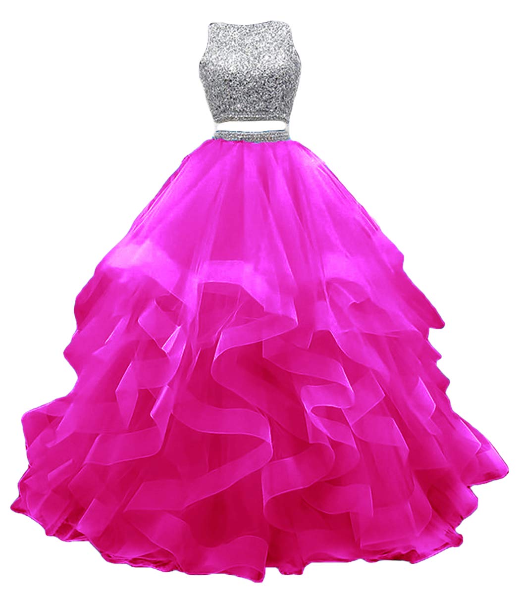 KaBuNi 2 Piece Prom Dress Long Beaded Quinceanera Dress - Elegant Layered Ruffle Tulle Sweet 16 Ball Gown for Homecoming, Wedding & Formal Events
