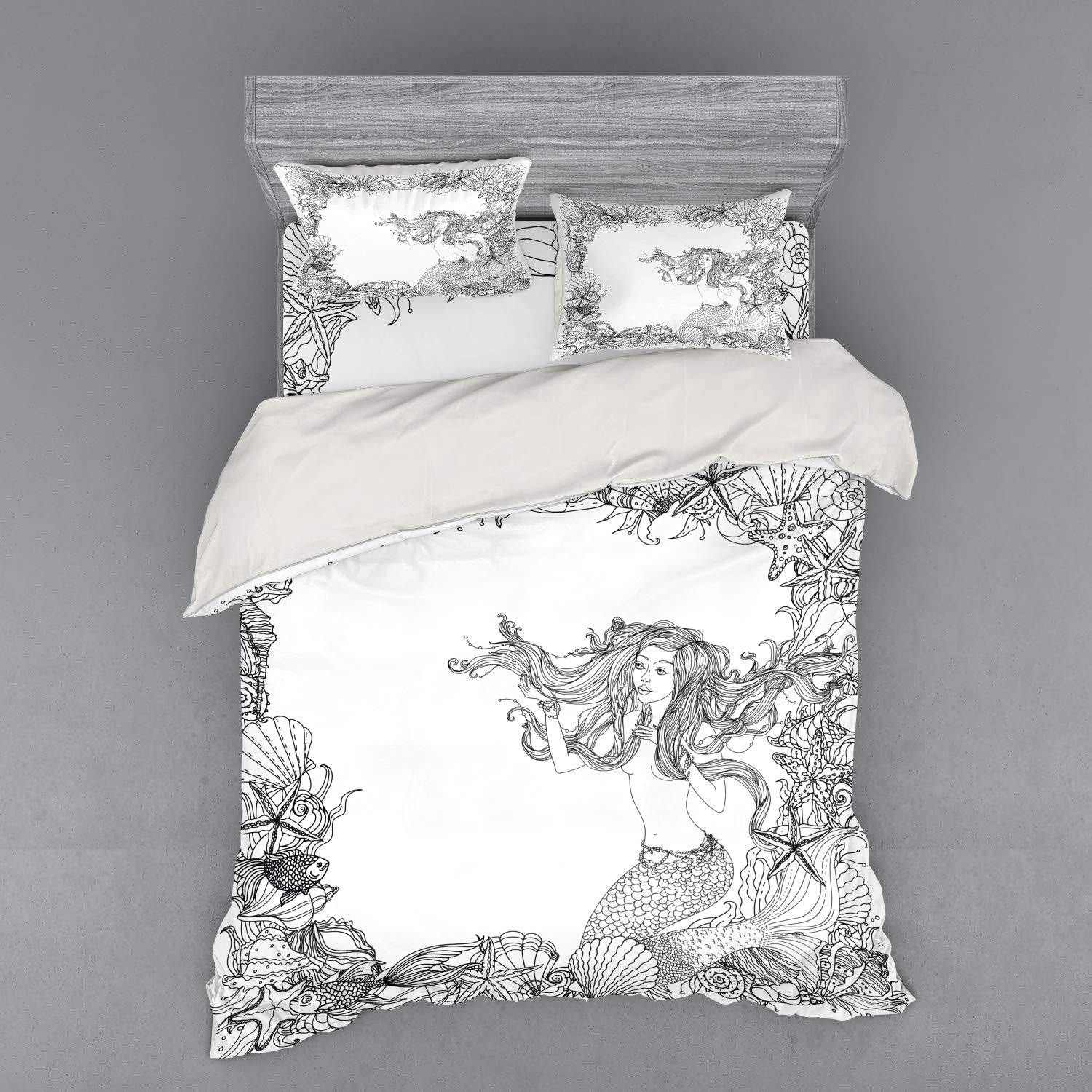 Ambesonne Mermaid Bedding Set - Queen Size 4-Piece Duvet Cover with Shams & Fitted Sheet, Grey White Seashell Starfish Coral Reef Myth Art Design | Perfect for Coastal Themed Bedrooms, Guest Rooms & Mermaid Lovers