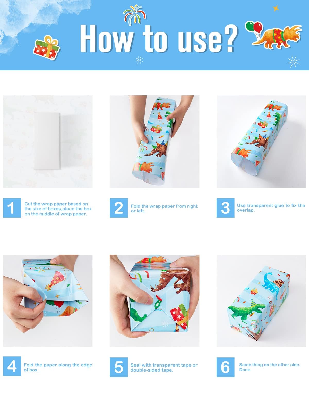 Dinosaur Wrapping Paper - 10 Sheets Dino Gift Wrap for Boys & Girls, 3 Cute Patterns (20''x27''), Perfect for Birthday Presents, Christmas Gifts & Dino Themed Parties | WERNNSAI Premium Wrapping Paper