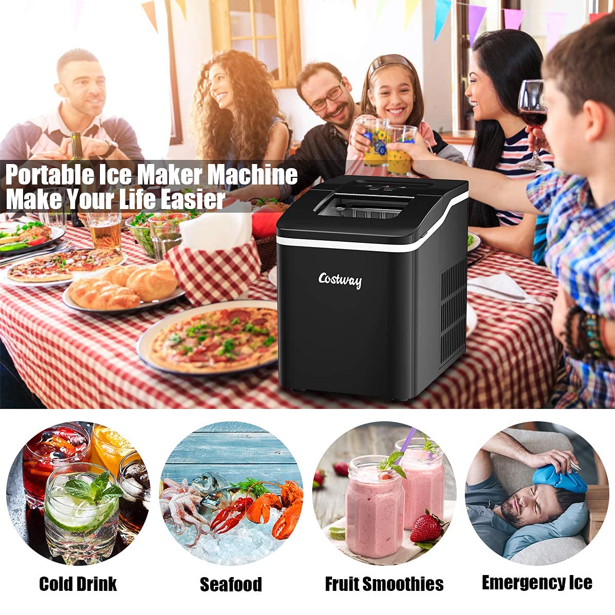 COSTWAY 26Lbs/24H Portable Countertop Ice Maker with Self-Cleaning Function - Makes Bullet Ice Cubes in 8 Minutes - Includes Scoop & Removable Basket - Perfect for Home, Office, Parties, Bars, and Outdoor Gatherings - Black