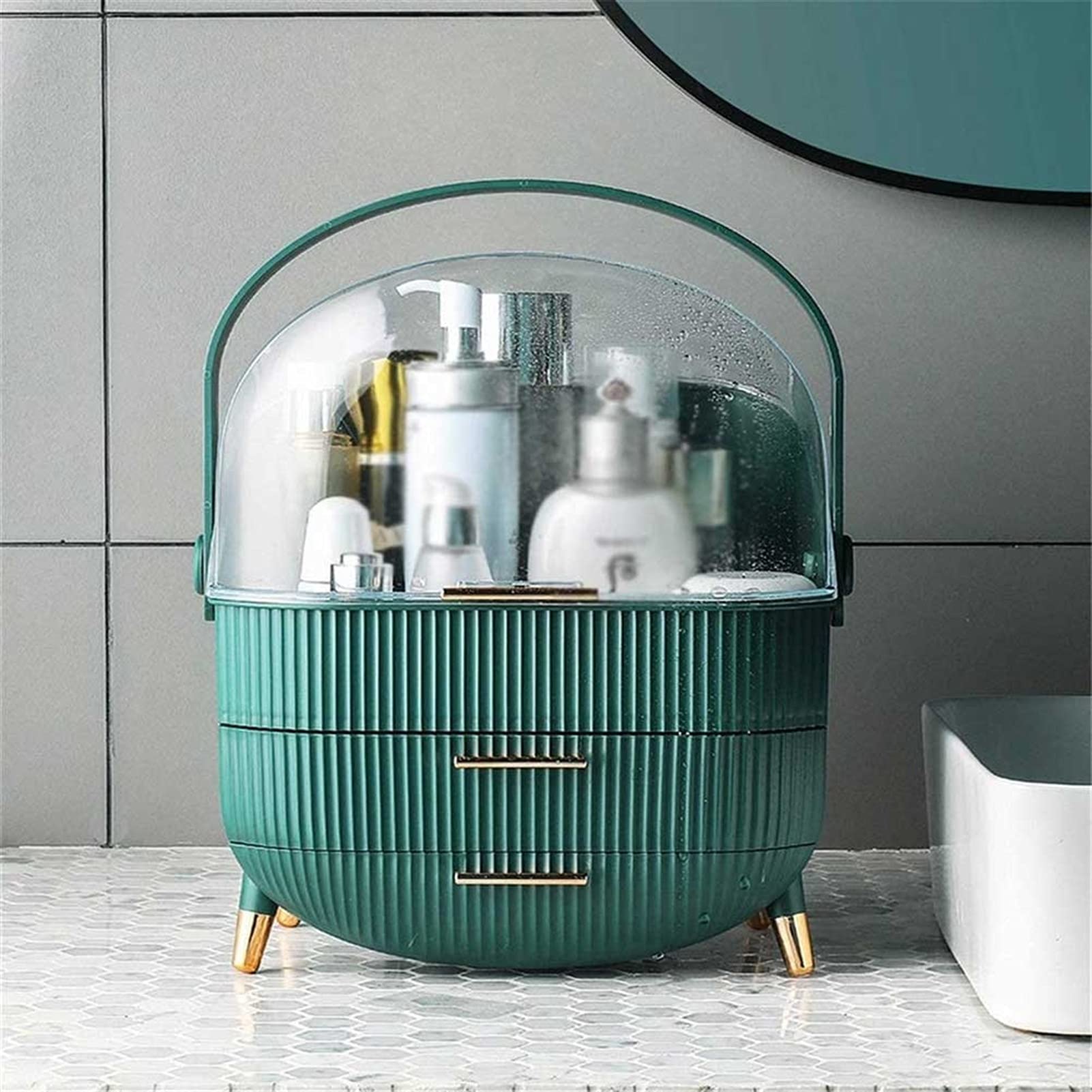 Portable Multifunctional Open Makeup Organizer - Large Capacity Cosmetic Storage Box with Drawers, Waterproof & Dustproof Desktop Organizer for Makeup Brushes, Jewelry, Office Supplies (Green) | Perfect for Vanity, Bathroom, Travel & Home Organization