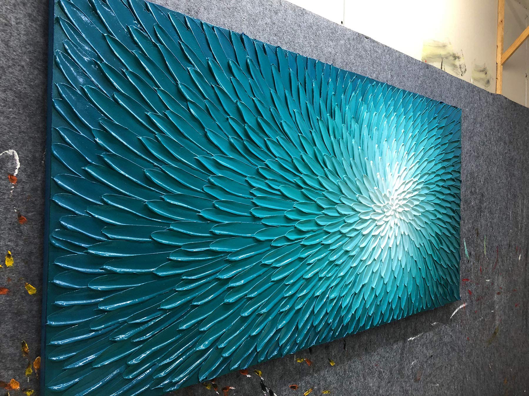 AMEI Art - 24x48 Inch Hand Painted Abstract Teal Blue Textured Oil Painting Floral Canvas Artwork | Acrylic Wall Decor with Wood Frame | Ready to Hang | Perfect for Living Room, Bedroom & Office Decor