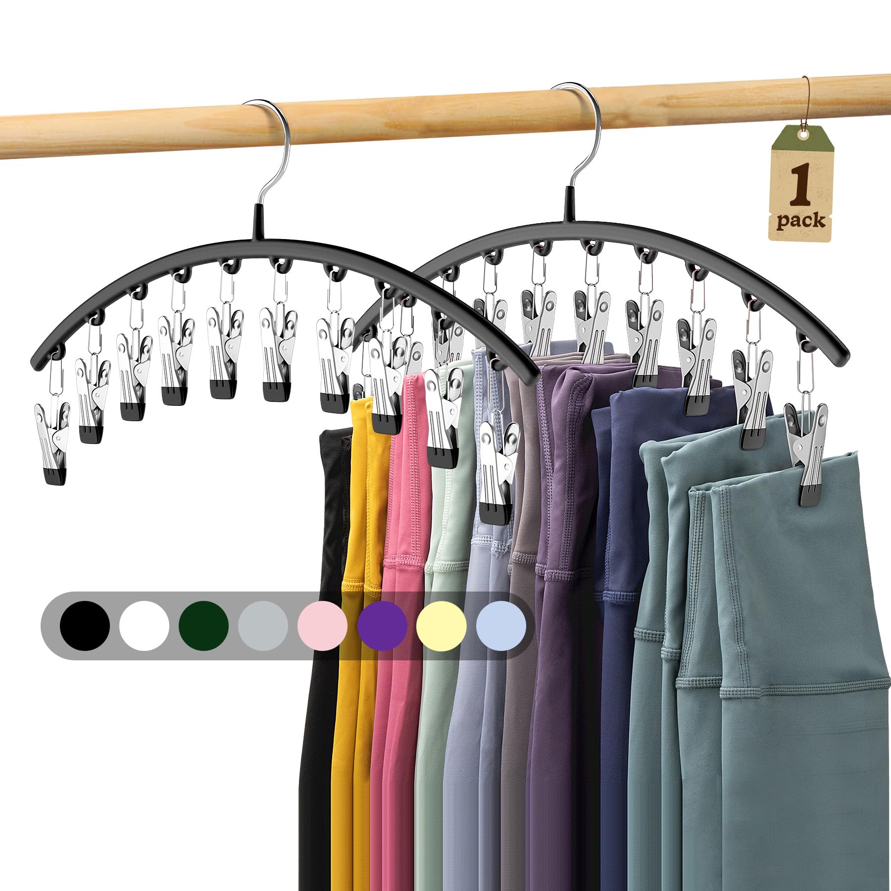 Metal Yoga Pants Hanger with 10 Rubber-Coated Clips - Space Saving Legging Organizer for Closet (1 Pack, Black) - Perfect for Yoga Pants, Workout Leggings & Activewear Storage