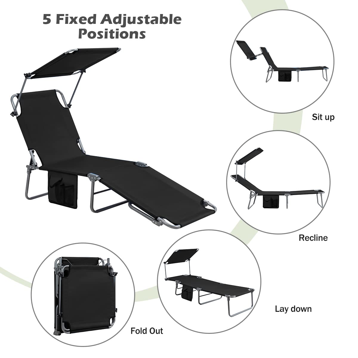 Giantex Adjustable Tanning Chair with Canopy & Storage - 5-Position Patio Chaise Lounge, Foldable Beach Chair for Poolside, Lawn, Camping - Outdoor Sunbathing Recliner (Black) - Perfect for Backyard Relaxation, Beach Vacations & Outdoor Lounging