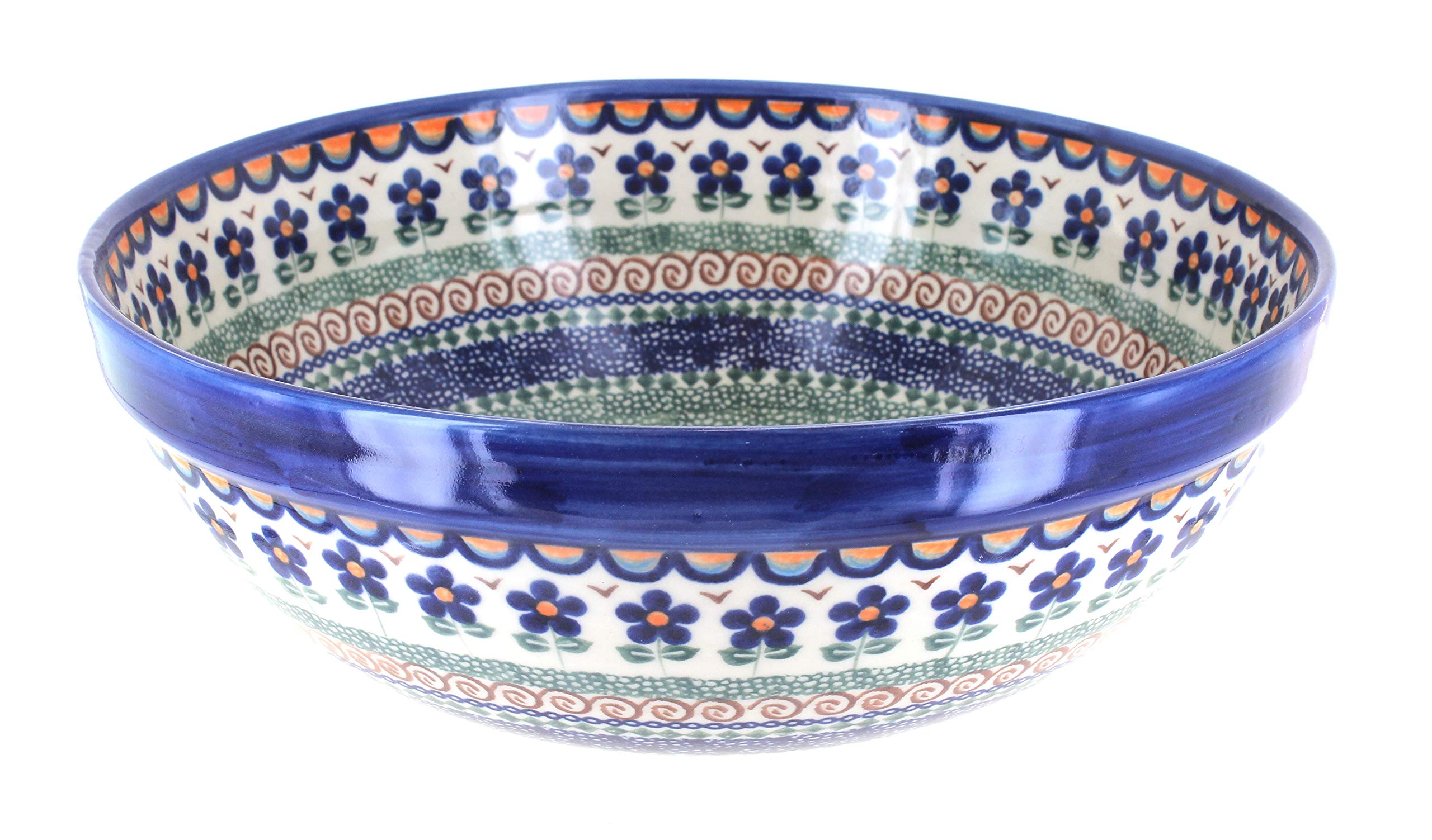 Handmade Blue Rose Polish Pottery Aztec Flower Serving Bowl - Medium Size Ceramic Dish for Soup, Salad & Home Decor