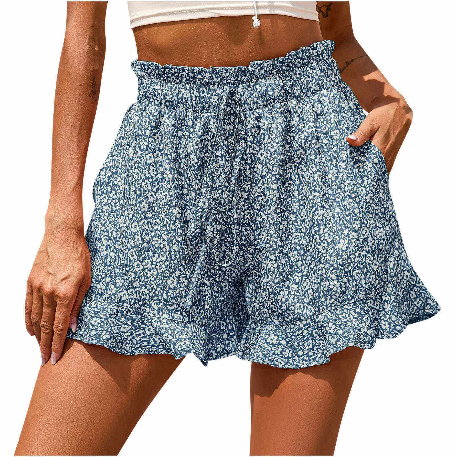 Women's Summer & Fall Casual Chiffon Paperbag Pleated Peplum Shorts with Pockets - Trendy Graphic Print High Waist Shorts for Outfits, Beach, Travel & Daily Wear