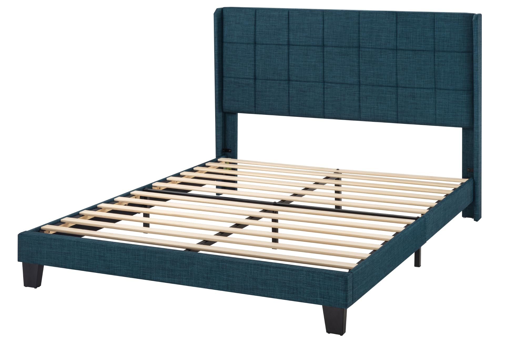 HOOMIC Queen Size Wingback Bed Frame with Square Stitched Headboard - Upholstered Fabric Platform Bed with Sturdy Wood Slats, No Box Spring Required, Dark Blue - Perfect for Master Bedrooms, Guest Rooms & Cozy Apartment Living