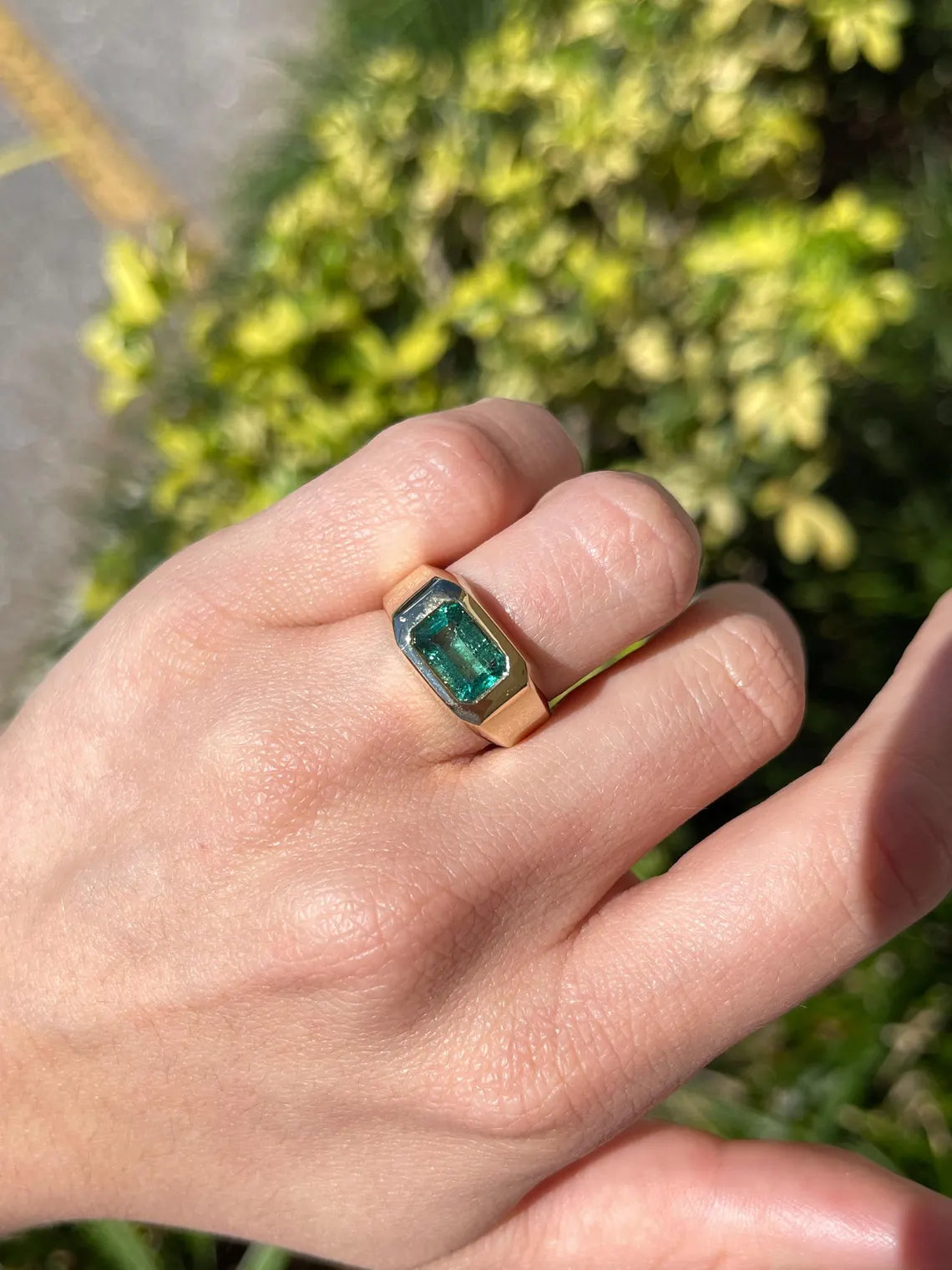 2.66ct Natural Emerald Cut Bluish Green Emerald Solitaire Ring for Men - Bezel Set Luxury Wedding Band, Anniversary Gift & Everyday Jewelry