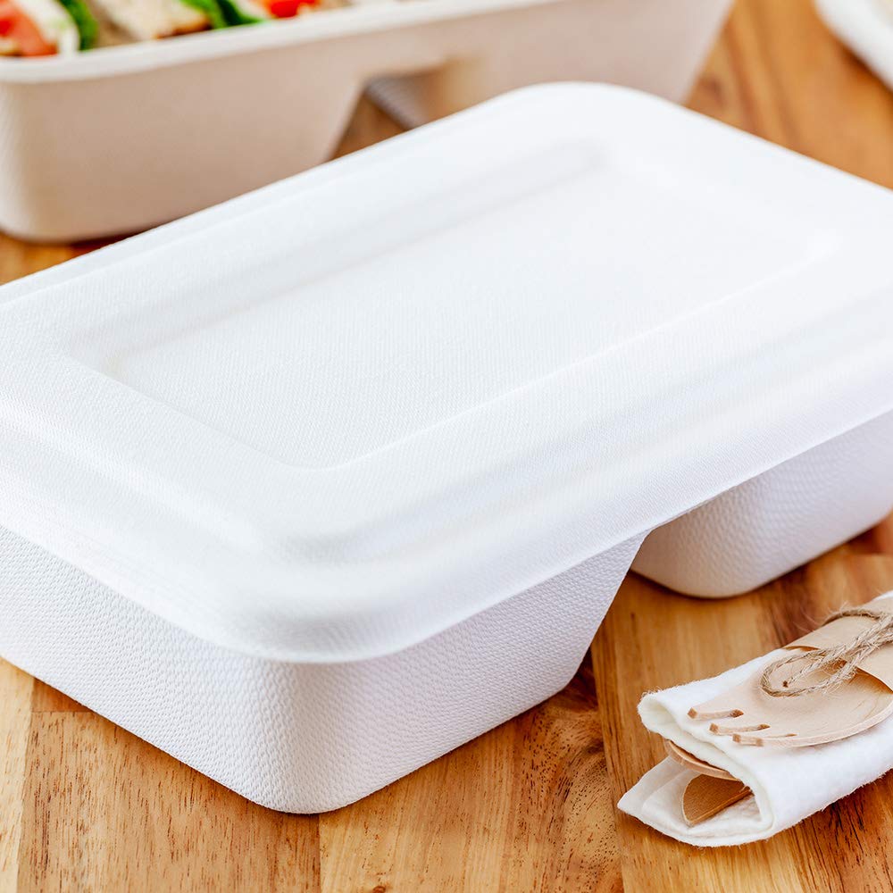 Pulp Tek White Lids for 2-Compartment Takeout Containers - 100 Bagasse Lids for 34oz Containers (Containers Sold Separately) | Eco-Friendly Sugarcane Fiber Lids | Perfect for Restaurants, Catering & Food Delivery Services