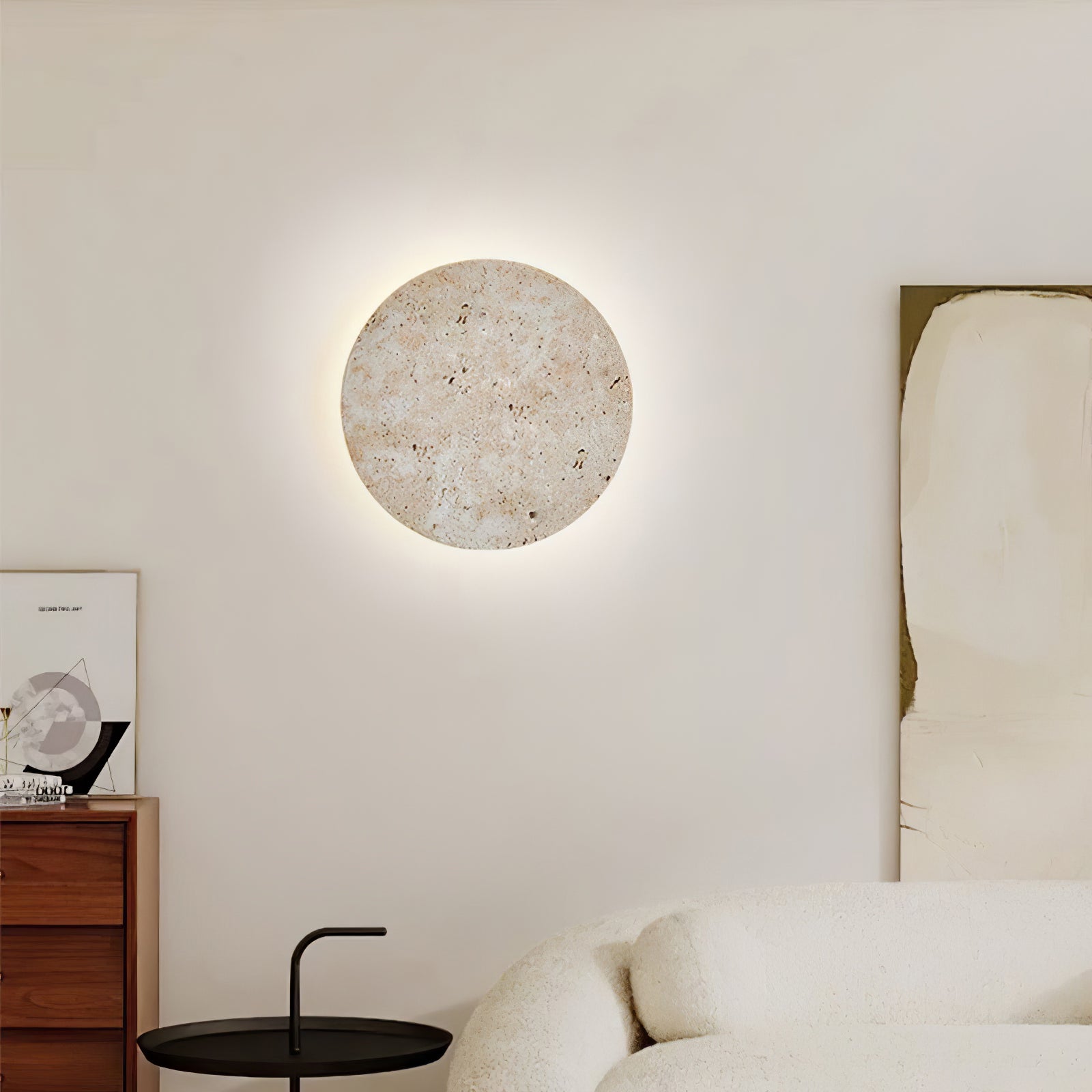 Modern Circle Travertine Wall Lamp - Sleek Natural Stone Sconce Light Fixture for Bedroom, Living Room & Hallway Decor
