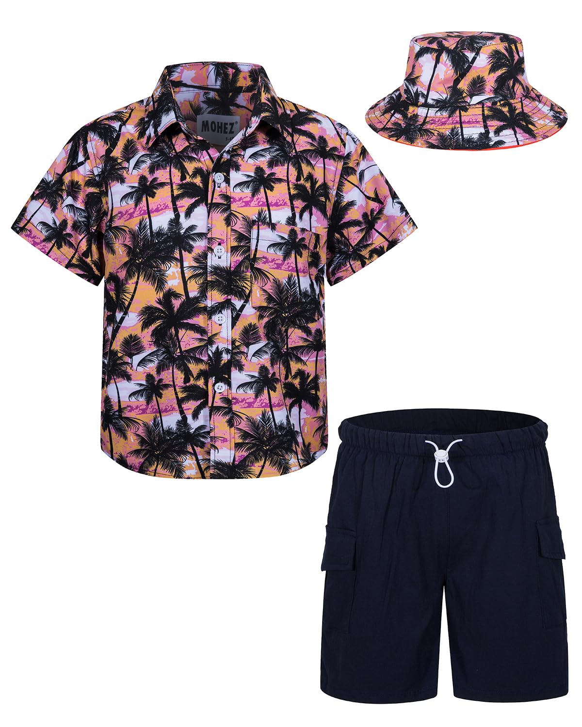 Hawaiian Shirt and Shorts Set for Boys - 2 Piece Summer Outfit with Bucket Hat | Beach Vacation, Luau Party, Tropical Theme Outfits for Kids